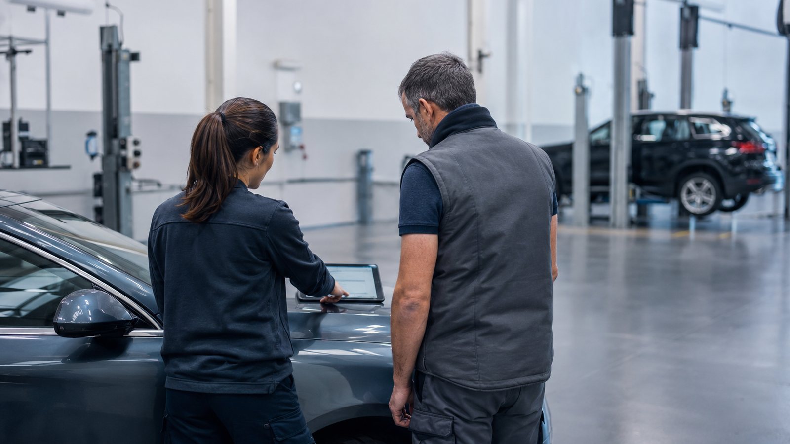 Dos profesionales de un taller consultando una tableta junto a un vehículo